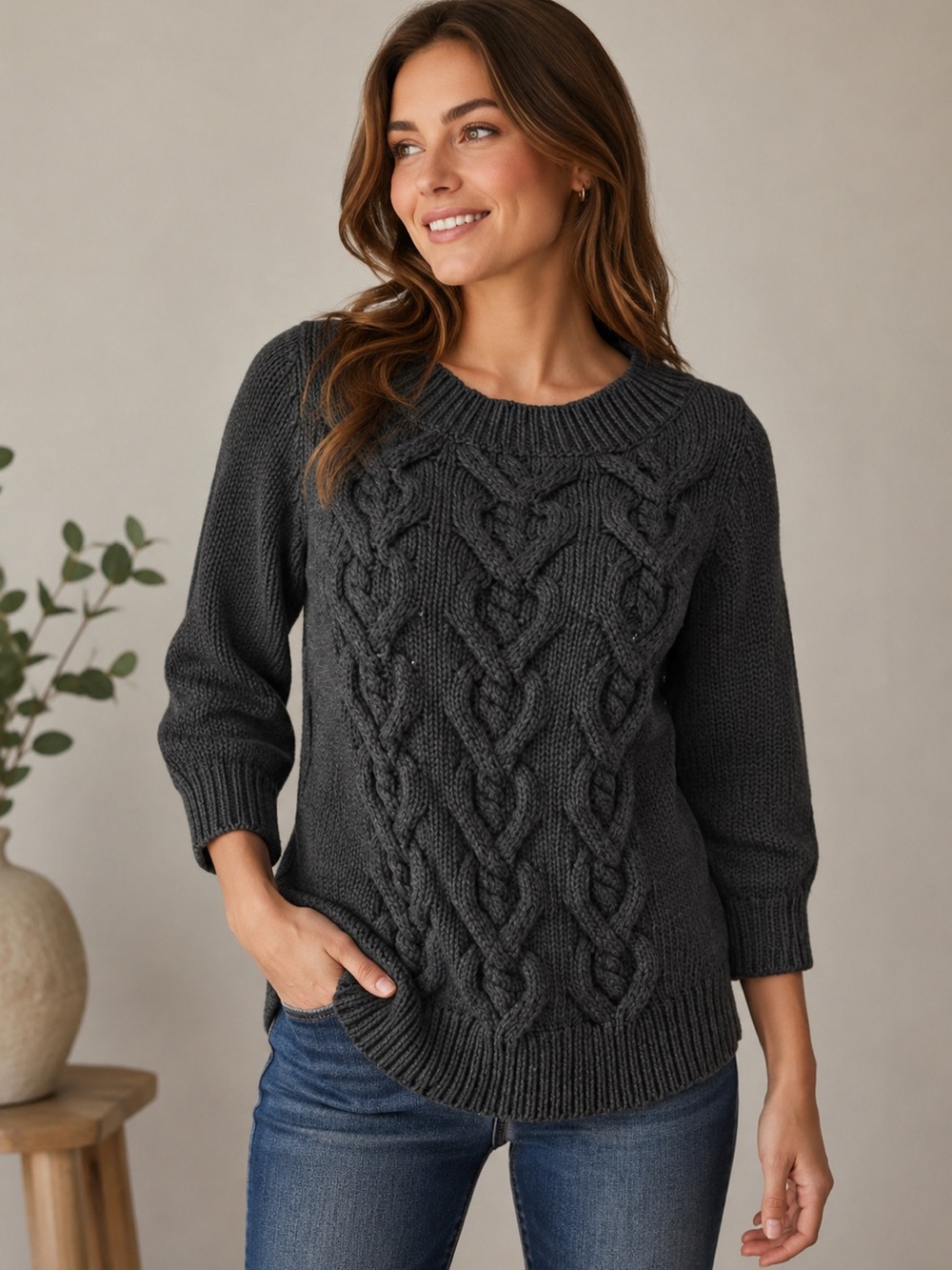 Talbots Chunky Cable Knit 3/4 Sleeve Charcoal Gray Sweater